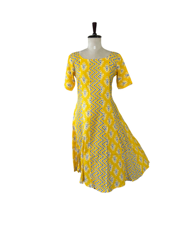 Yellow Ikat Printed Pure Cotton Anarkali Kurta