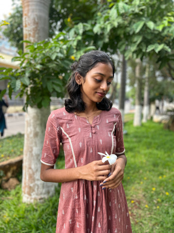 Handloom Diaries - Brown A-line dress with Lace Details