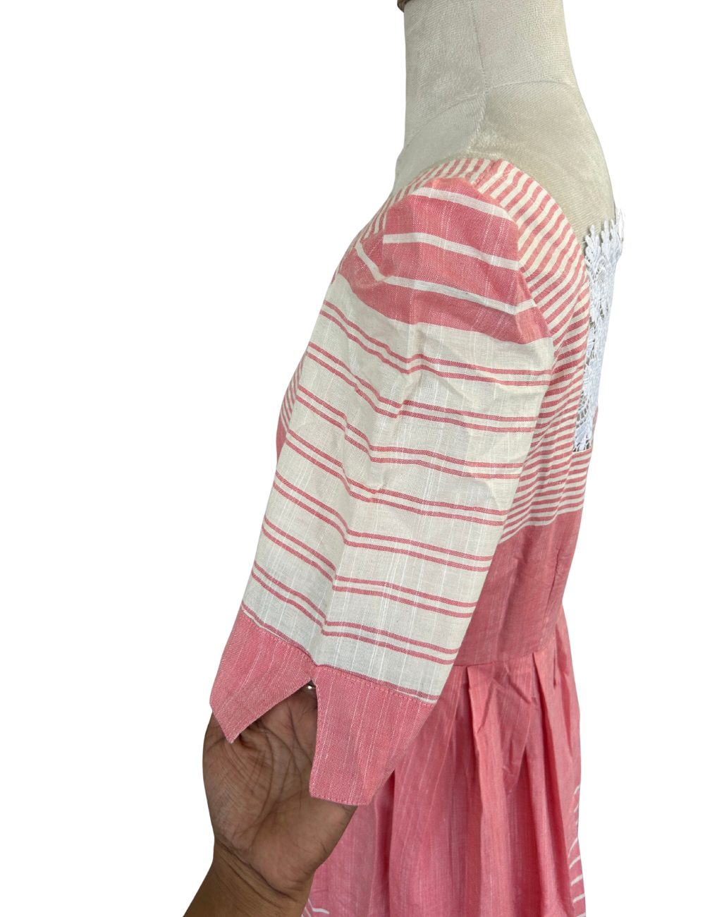 Blush Pink Stripped Cotton Midi Dress With Back Lace