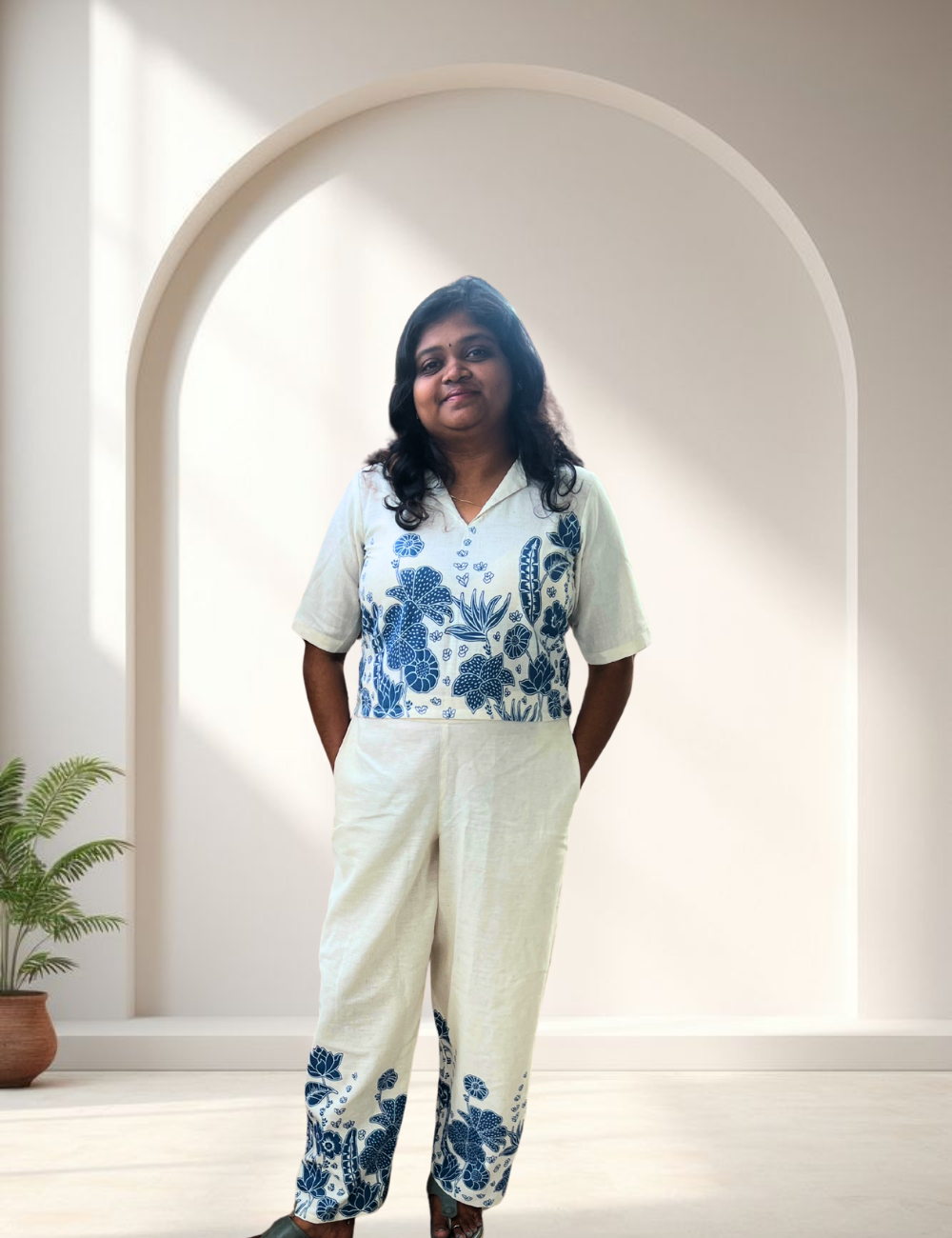 Pure Cotton White & Blue Printed Co-ord Set