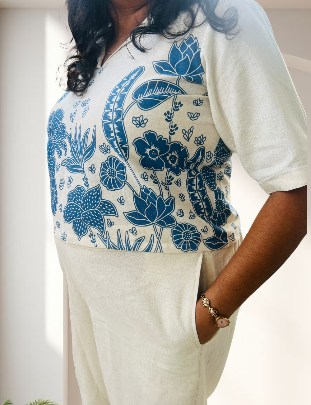 Pure Cotton White & Blue Printed Co-ord Set