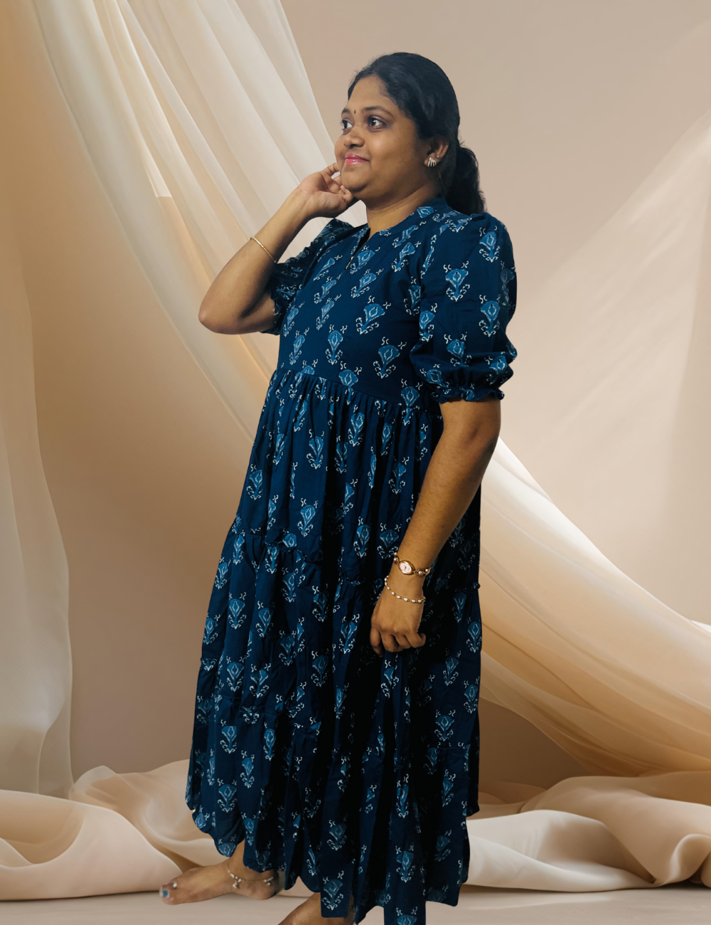 Pure Cotton Navy Blue Tiered Maxi Dress