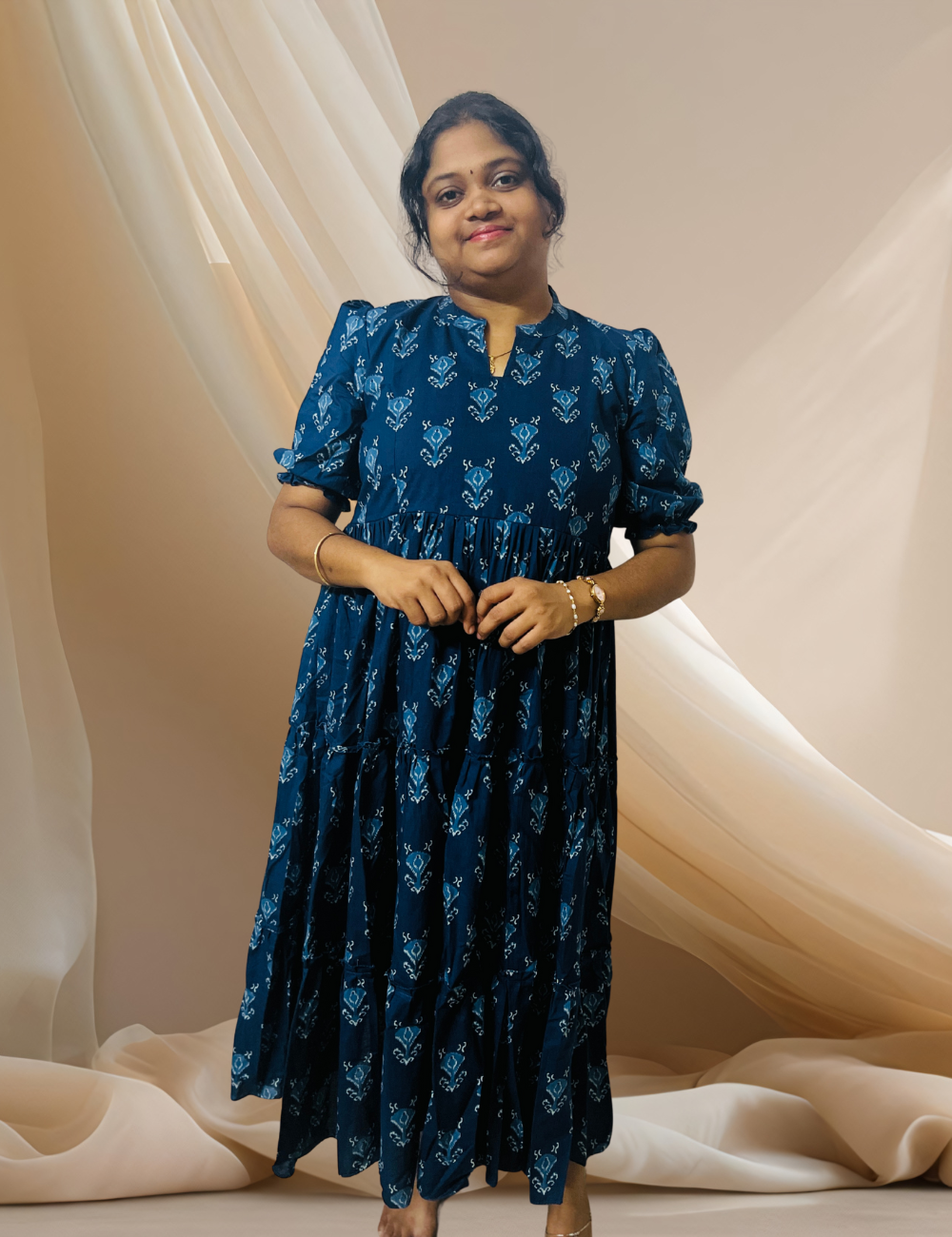 Pure Cotton Navy Blue Tiered Maxi Dress