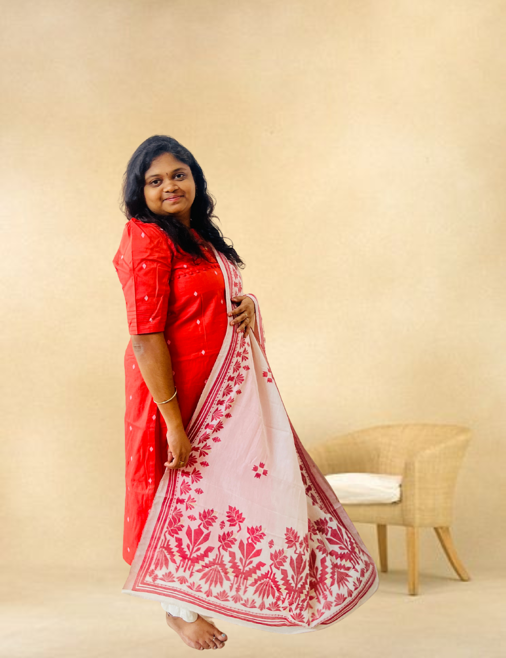 Brick Red silk cotton Kurta with Jamdhani Dupatta