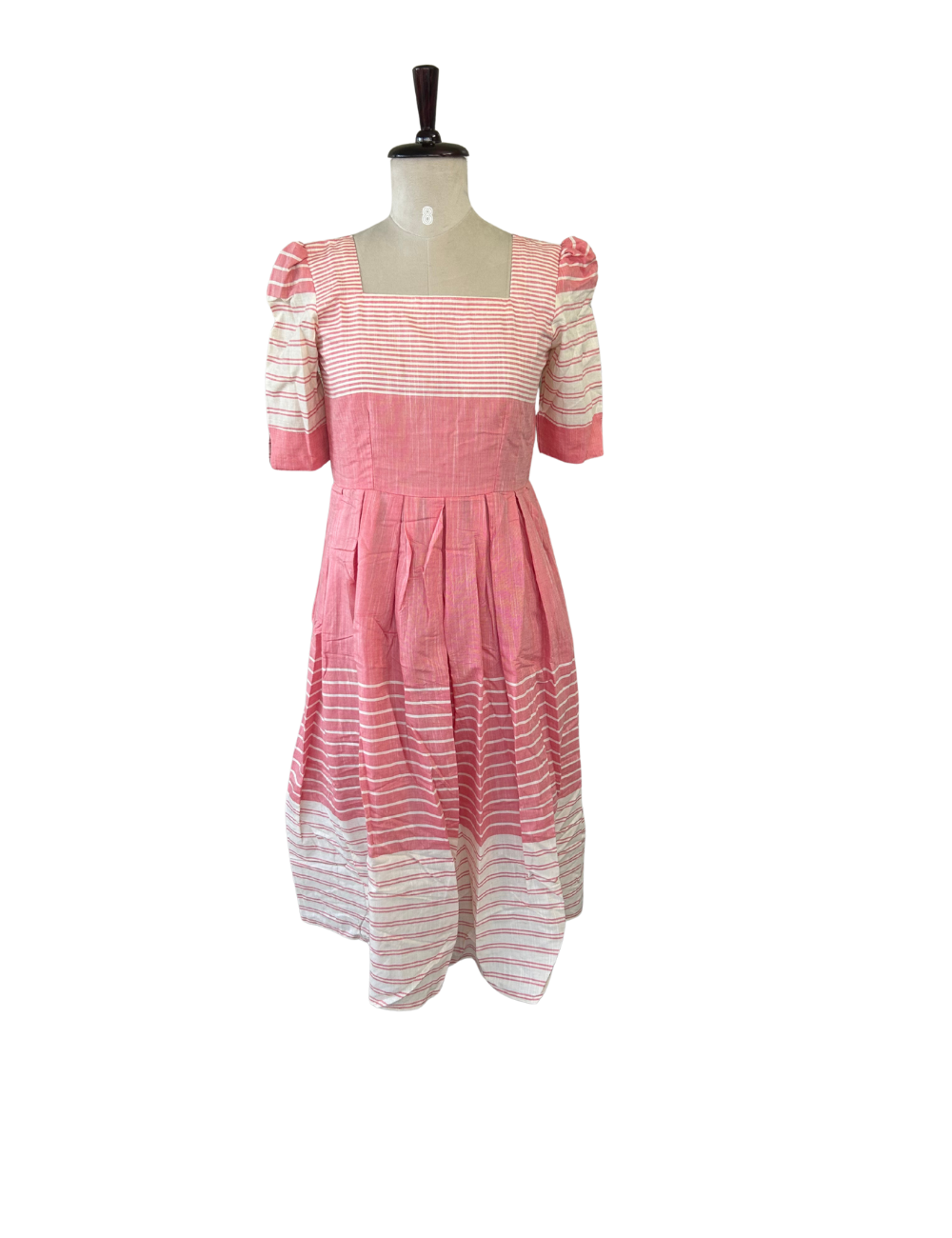 Blush Pink Stripped Cotton Midi Dress With Back Lace