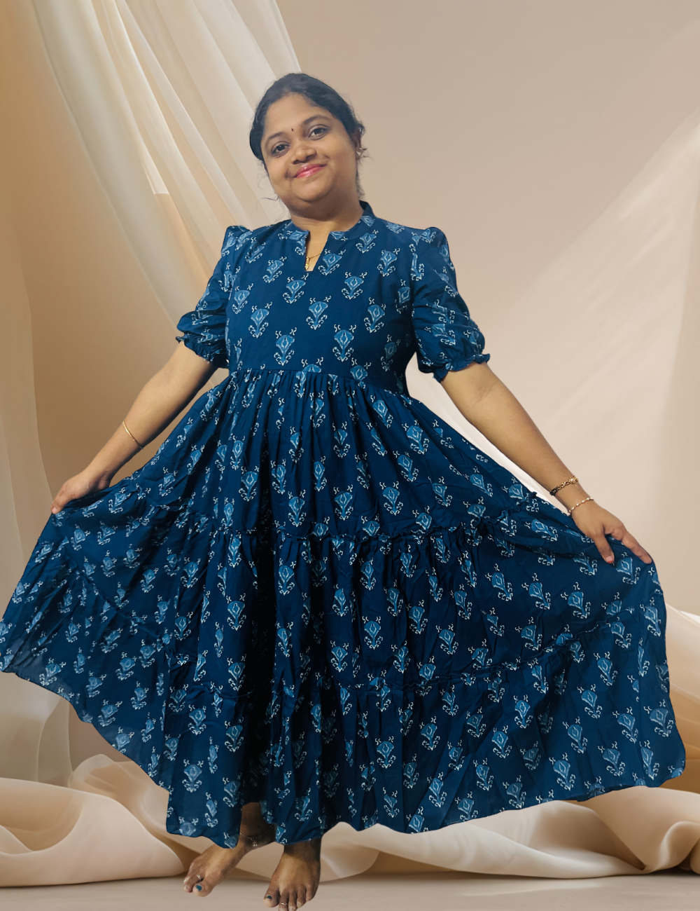 Pure Cotton Navy Blue Tiered Maxi Dress