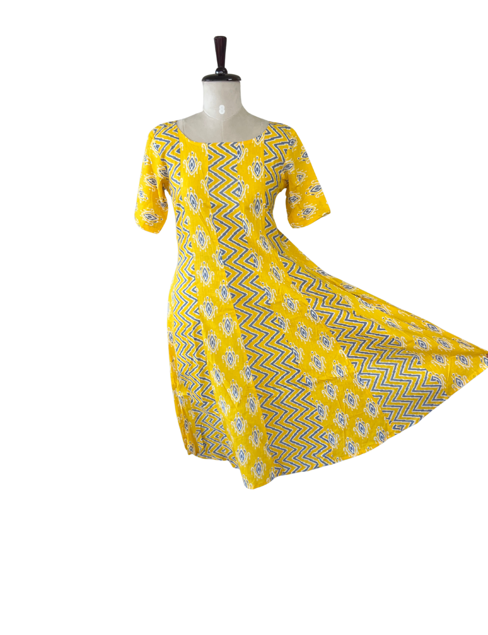 Yellow Ikat Printed Pure Cotton Anarkali Kurta
