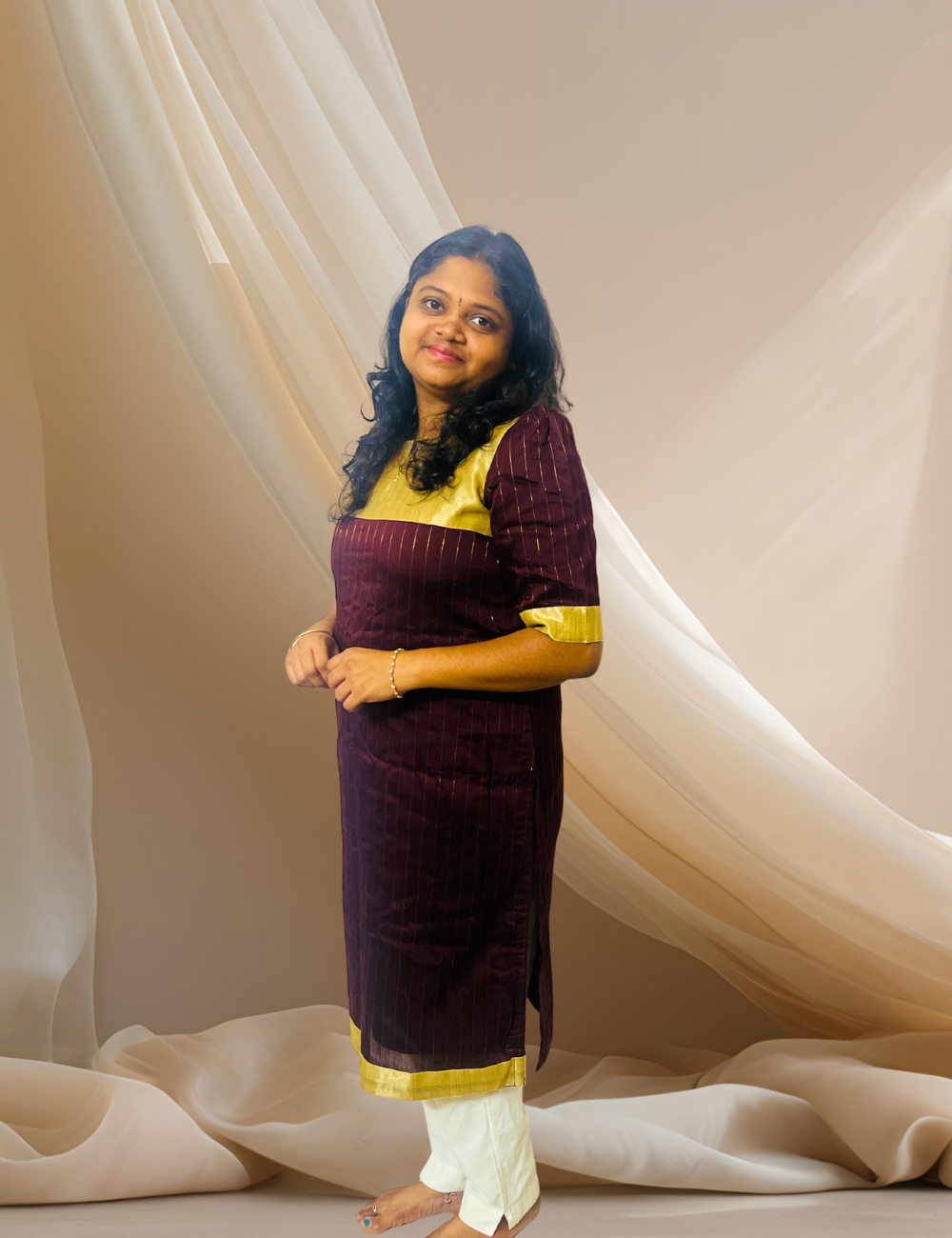 Brown Gold Silk Cotton Kurta With Tissue Detailing