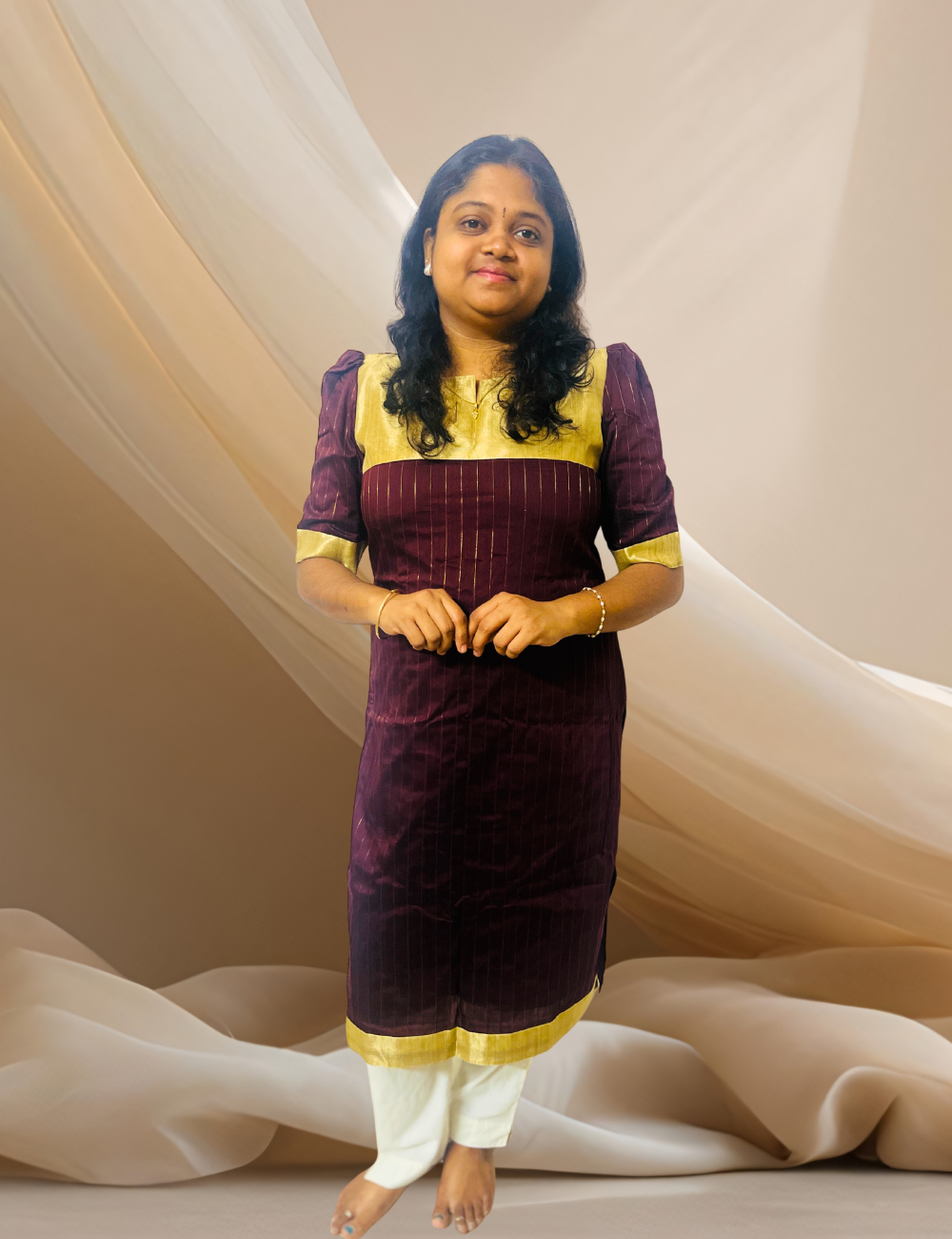 Brown Gold Silk Cotton Kurta With Tissue Detailing