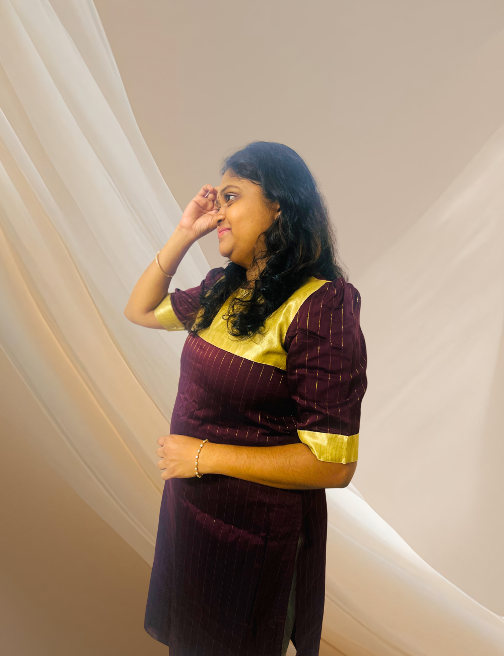 Brown Gold Silk Cotton Kurta With Tissue Detailing