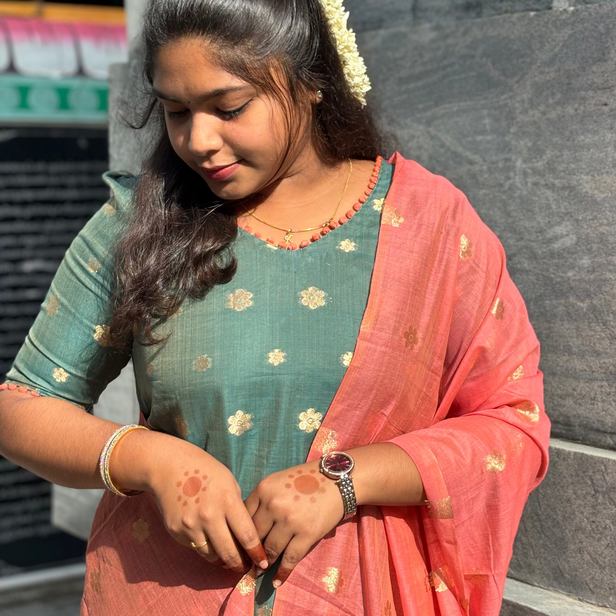 Premium Olive Green Chanderi Kurta with Saffron Dupatta