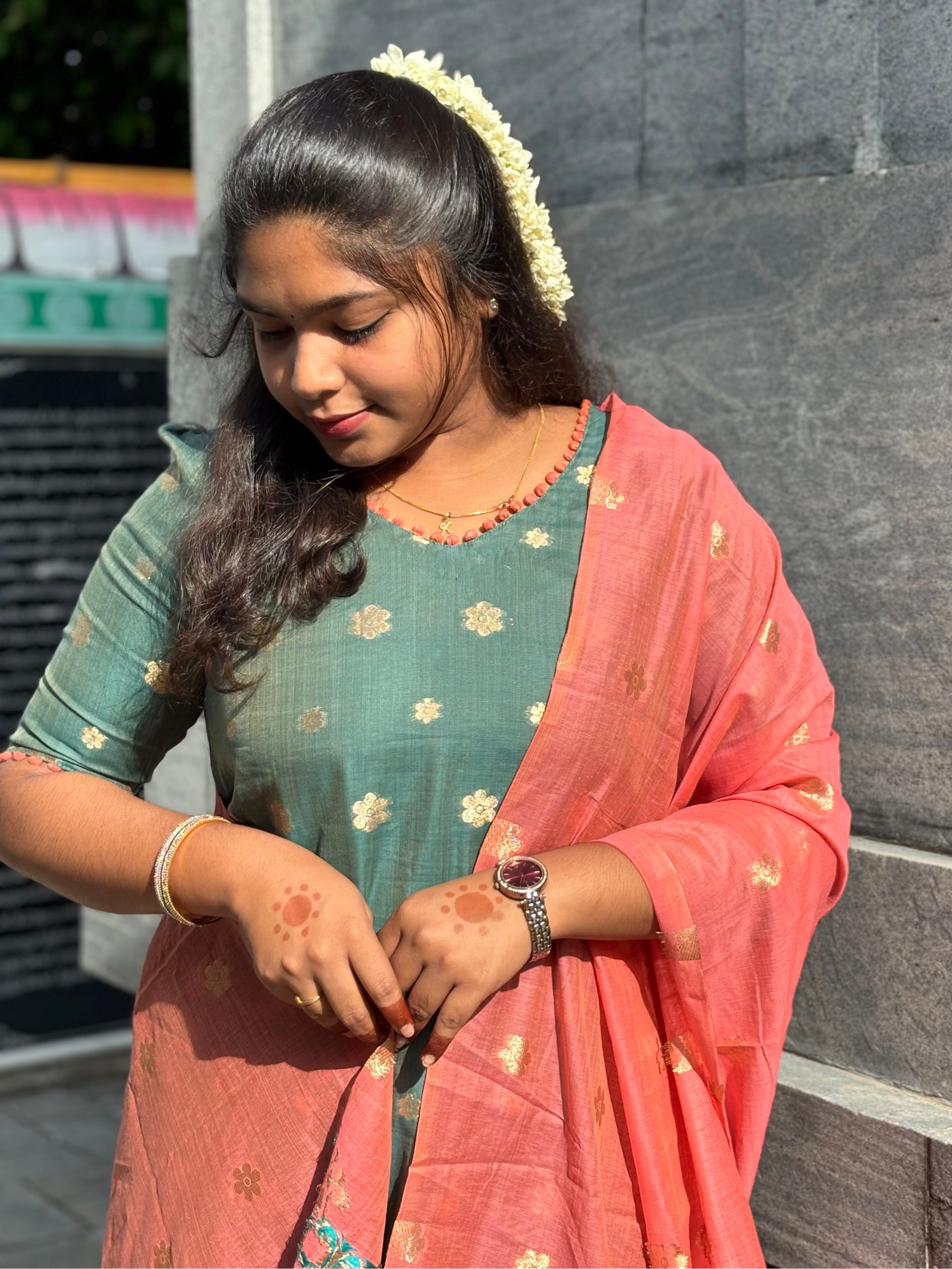 Premium Olive Green Chanderi Kurta with Saffron Dupatta