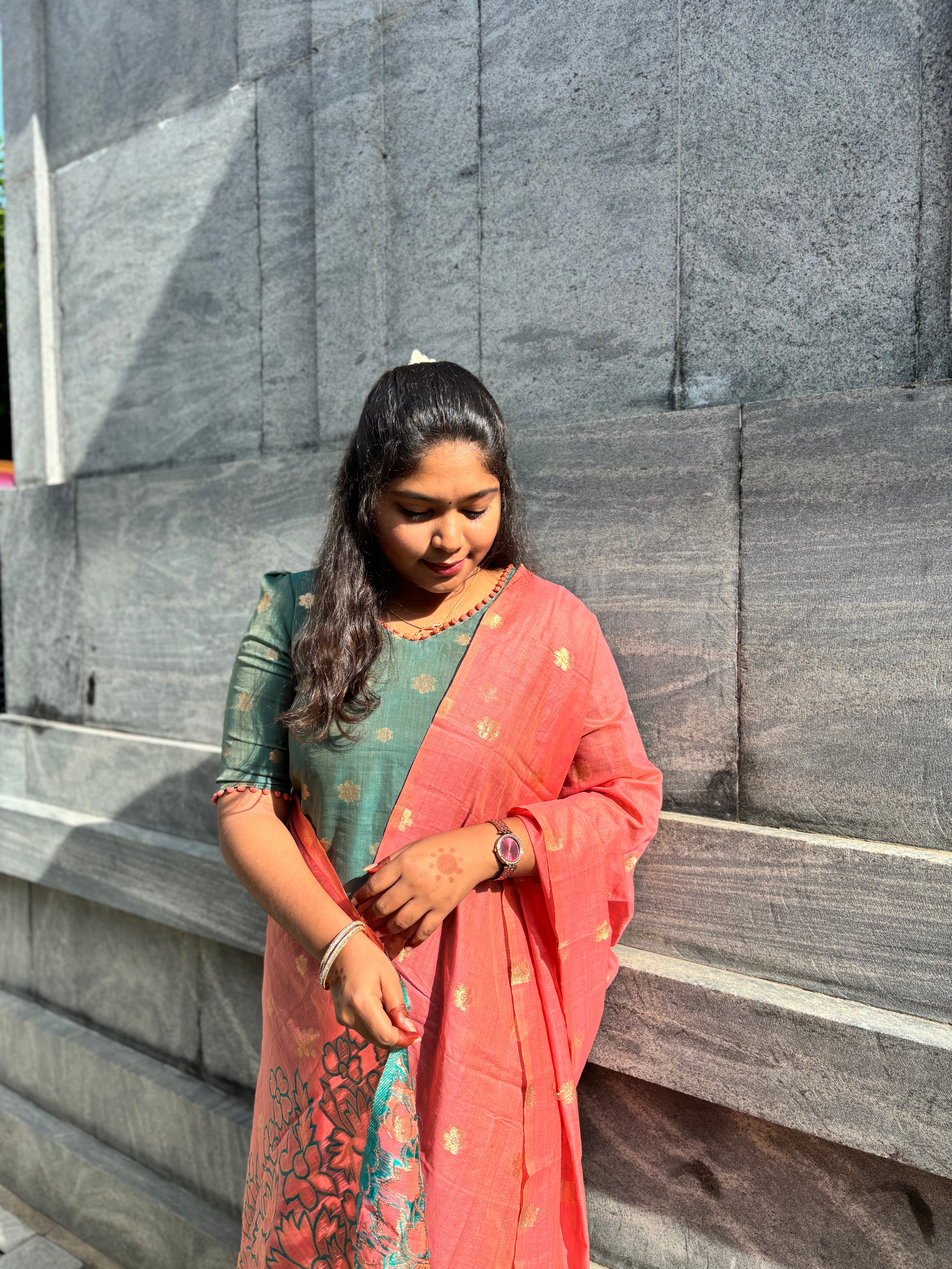 Premium Olive Green Chanderi Kurta with Saffron Dupatta