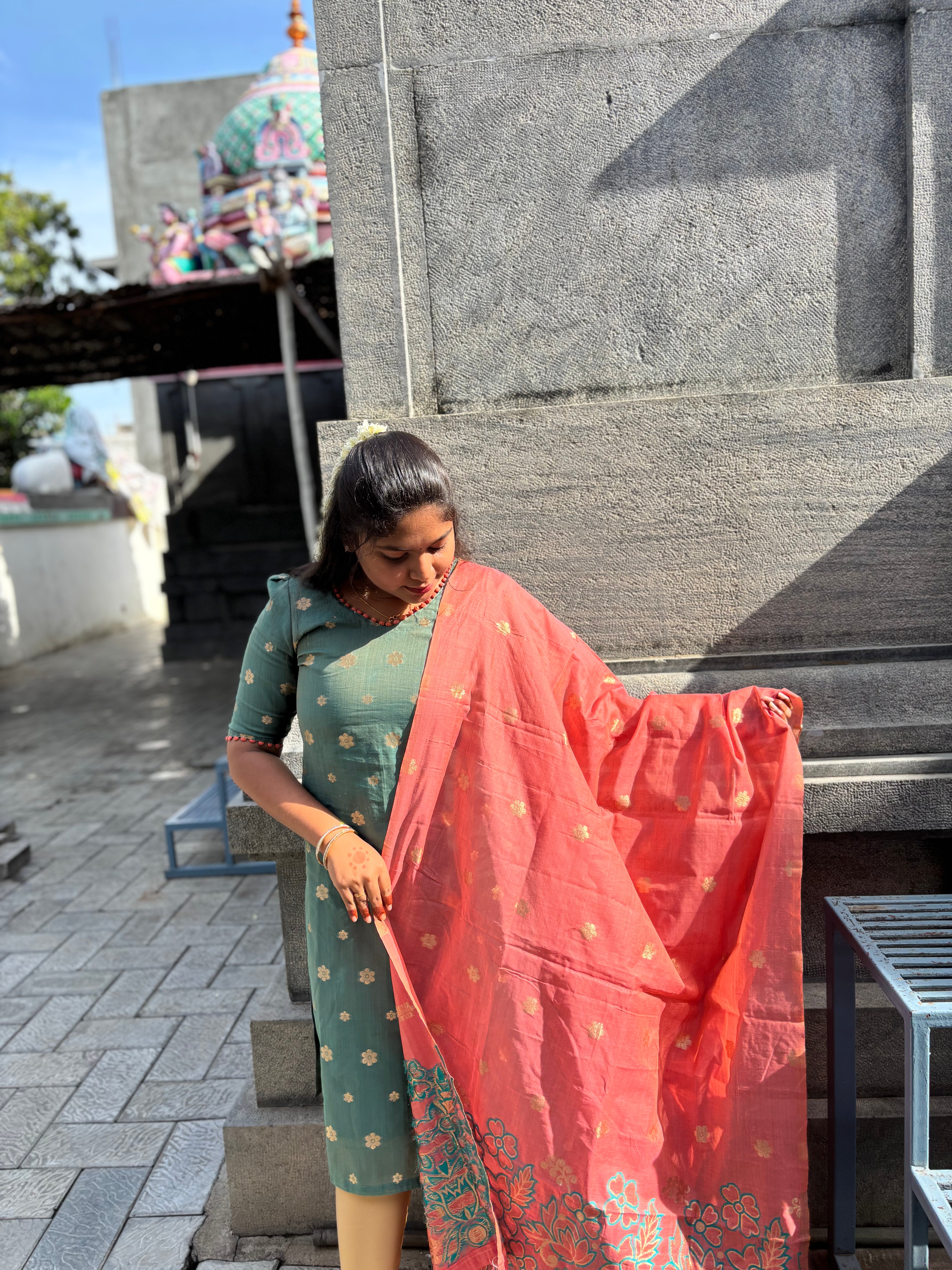 Premium Olive Green Chanderi Kurta with Saffron Dupatta