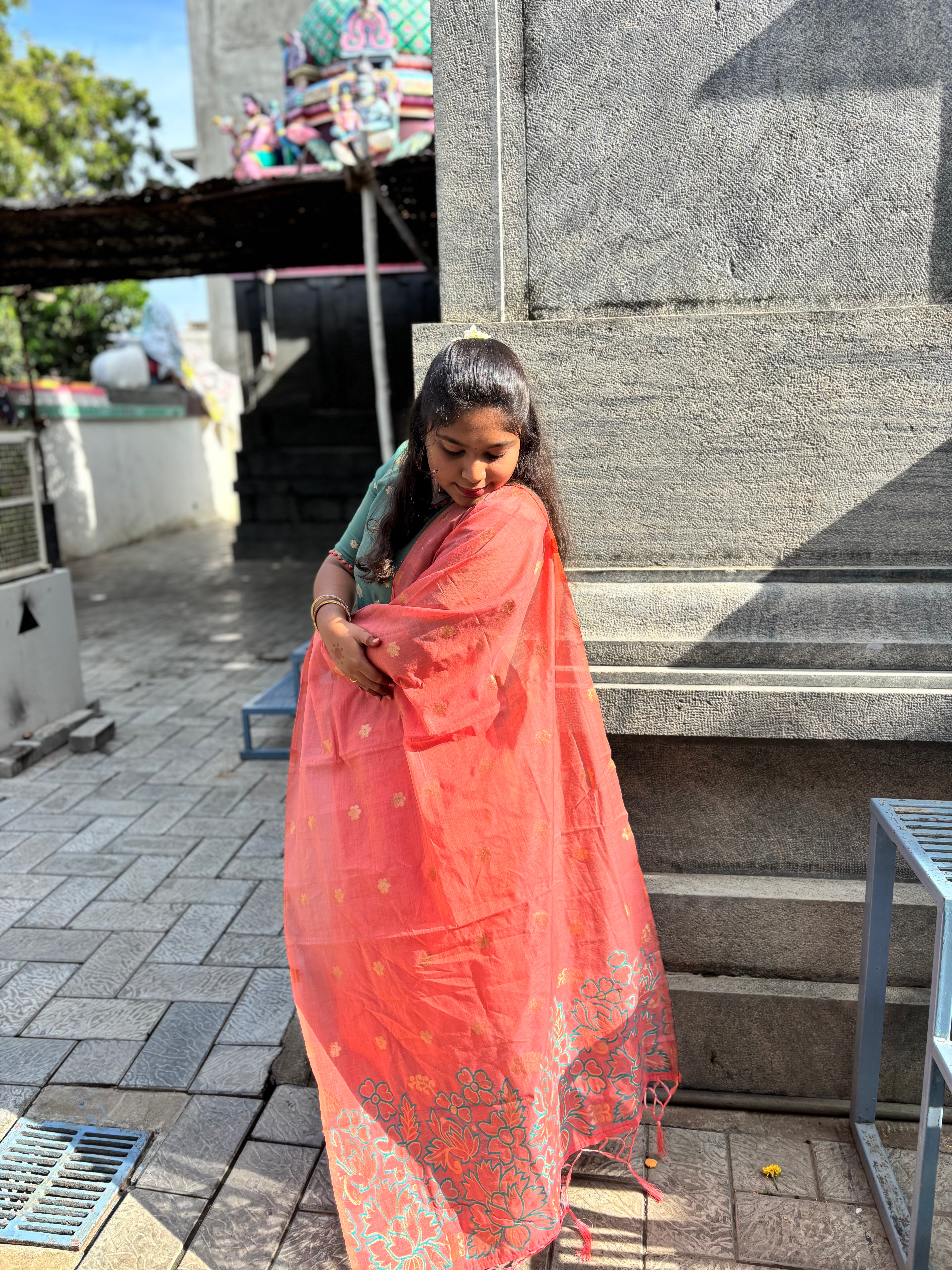 Premium Olive Green Chanderi Kurta with Saffron Dupatta