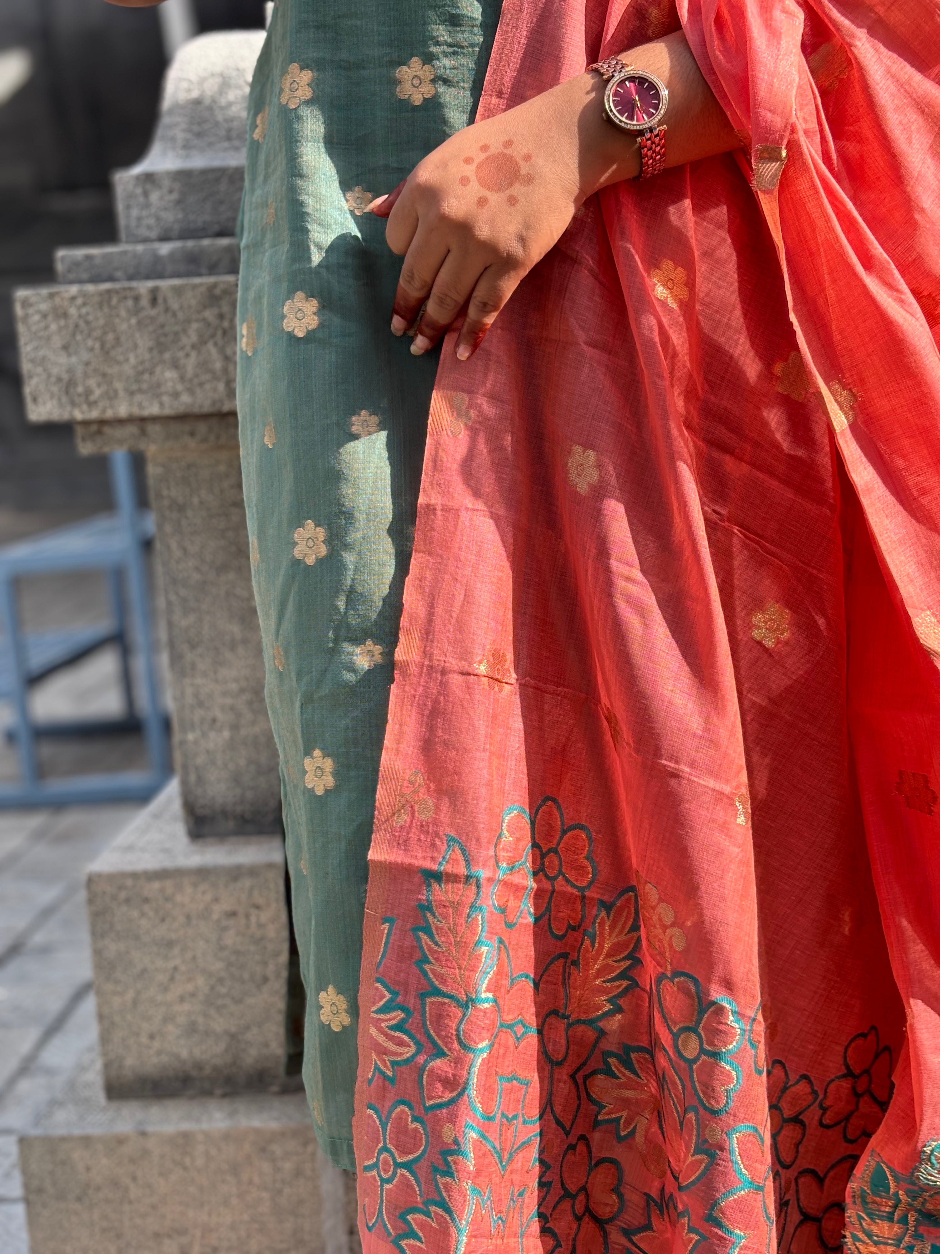 Premium Olive Green Chanderi Kurta with Saffron Dupatta