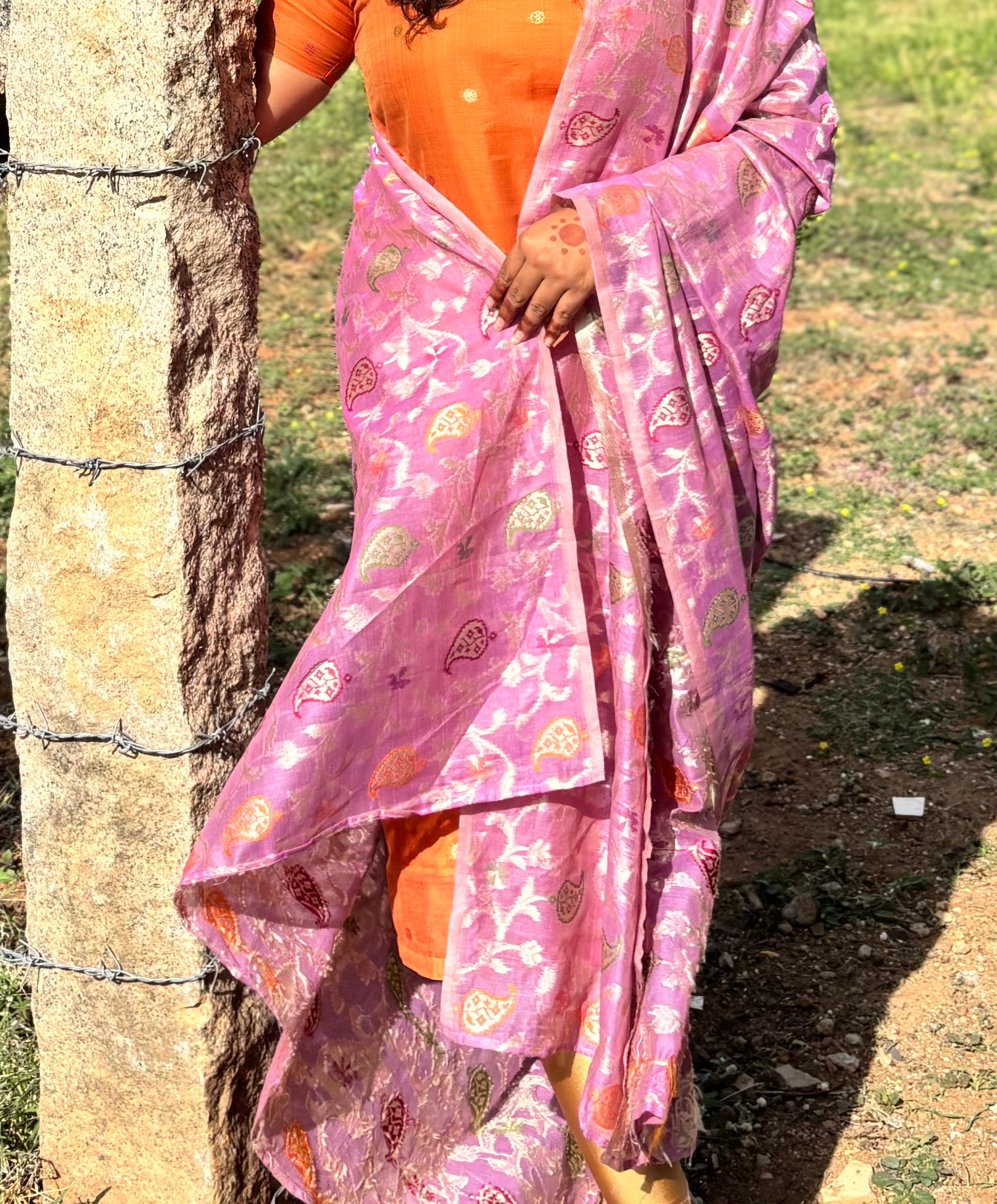 Premium Saffron Chanderi Kurta with Lilac Brocade Dupatta