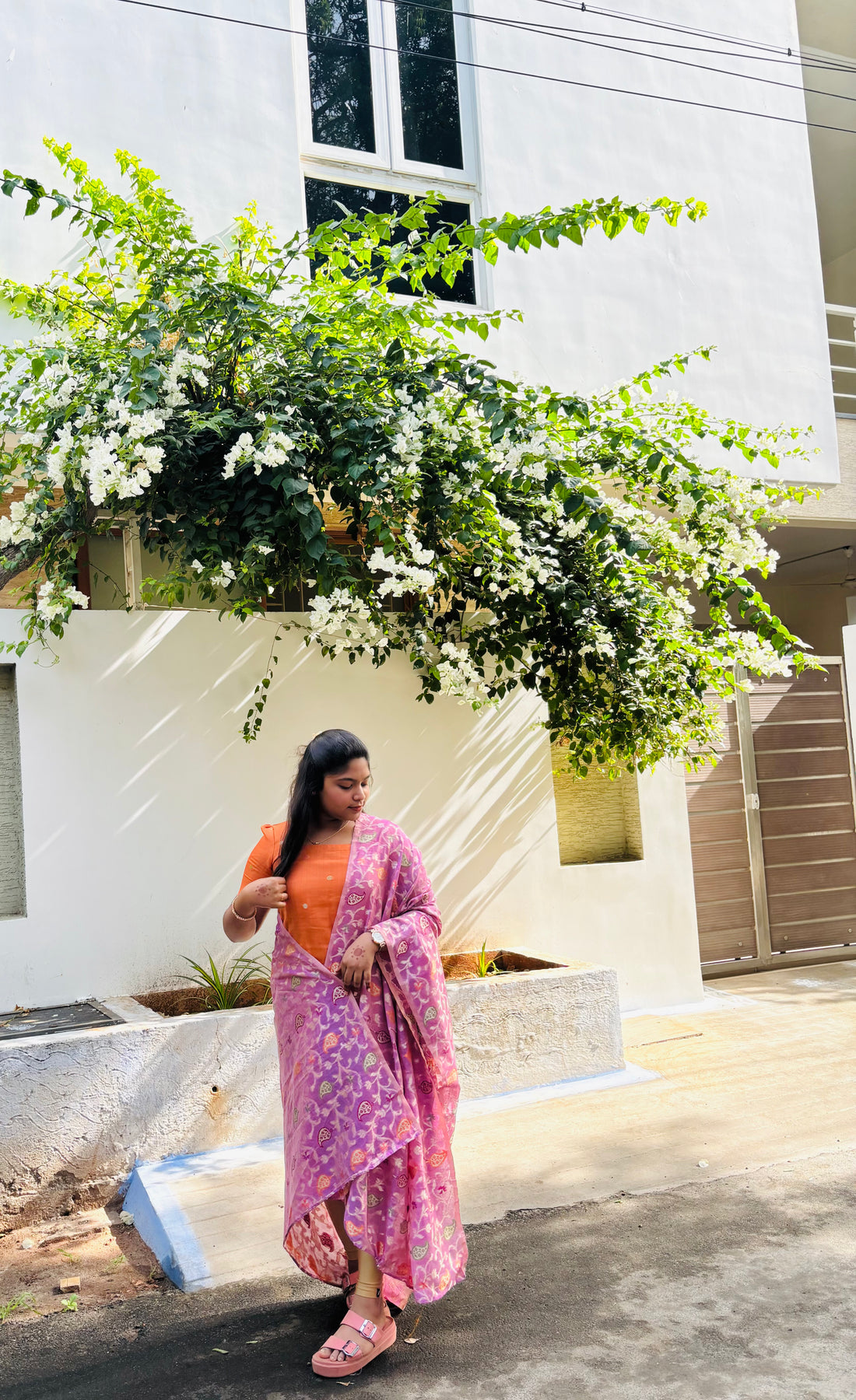 Premium Saffron Chanderi Kurta with Lilac Brocade Dupatta