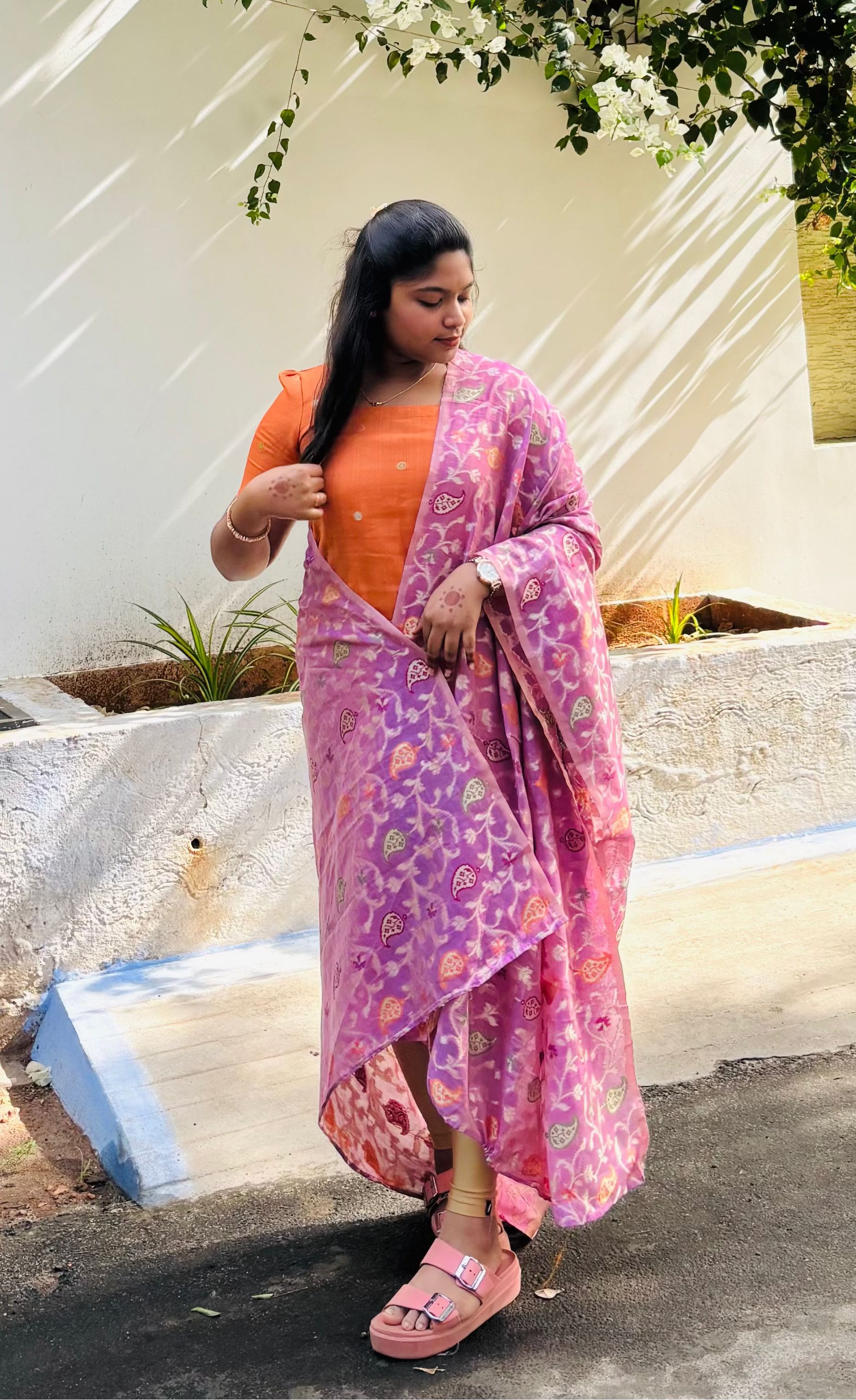 Premium Saffron Chanderi Kurta with Lilac Brocade Dupatta