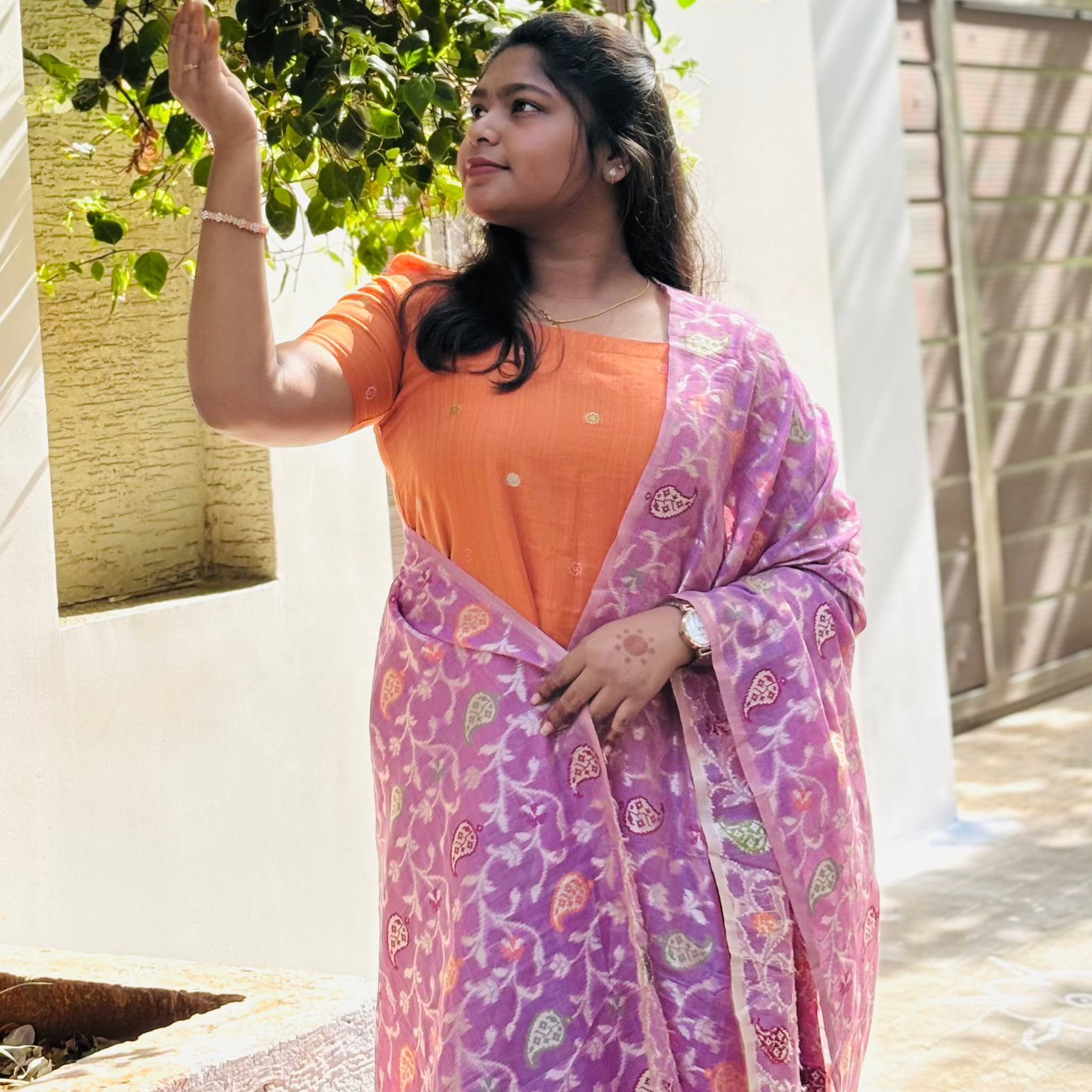 Premium Saffron Chanderi Kurta with Lilac Brocade Dupatta