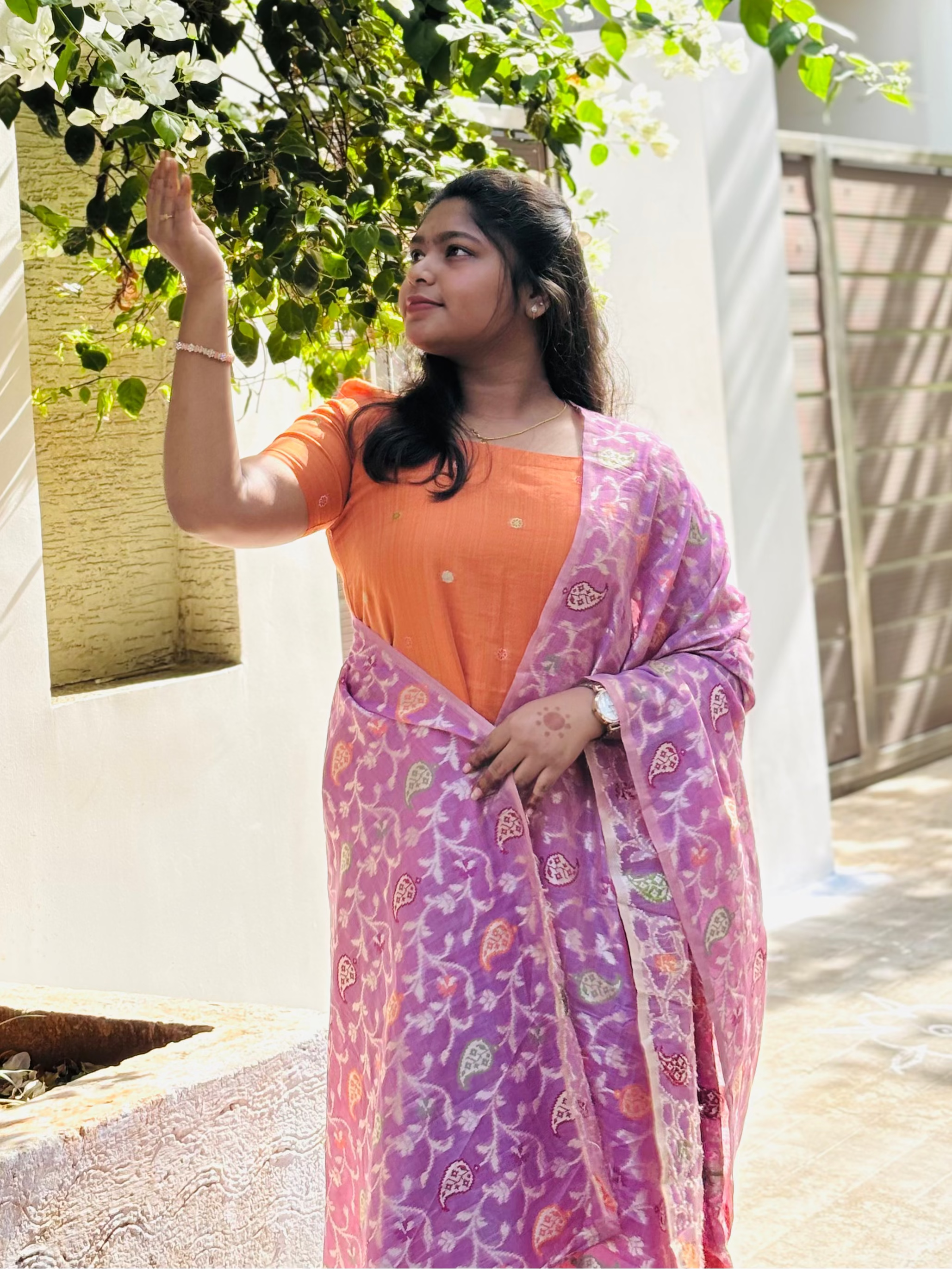 Premium Saffron Chanderi Kurta with Lilac Brocade Dupatta