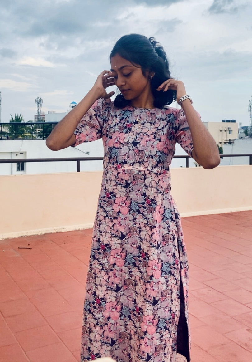 Pink and Beige Art Tussar Printed Fish Cut Kurti Set