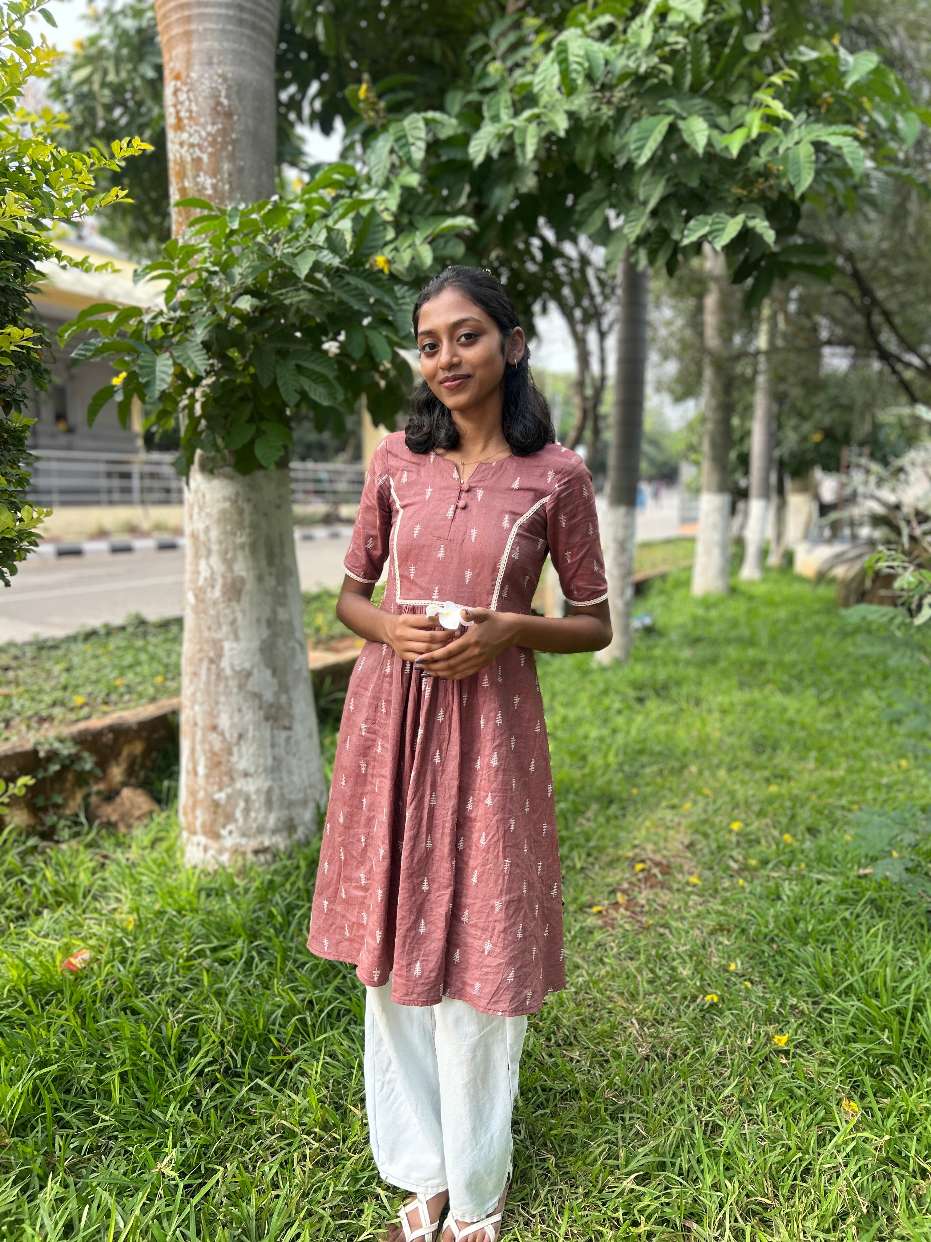 Handloom Diaries - Brown A-line dress with Lace Details