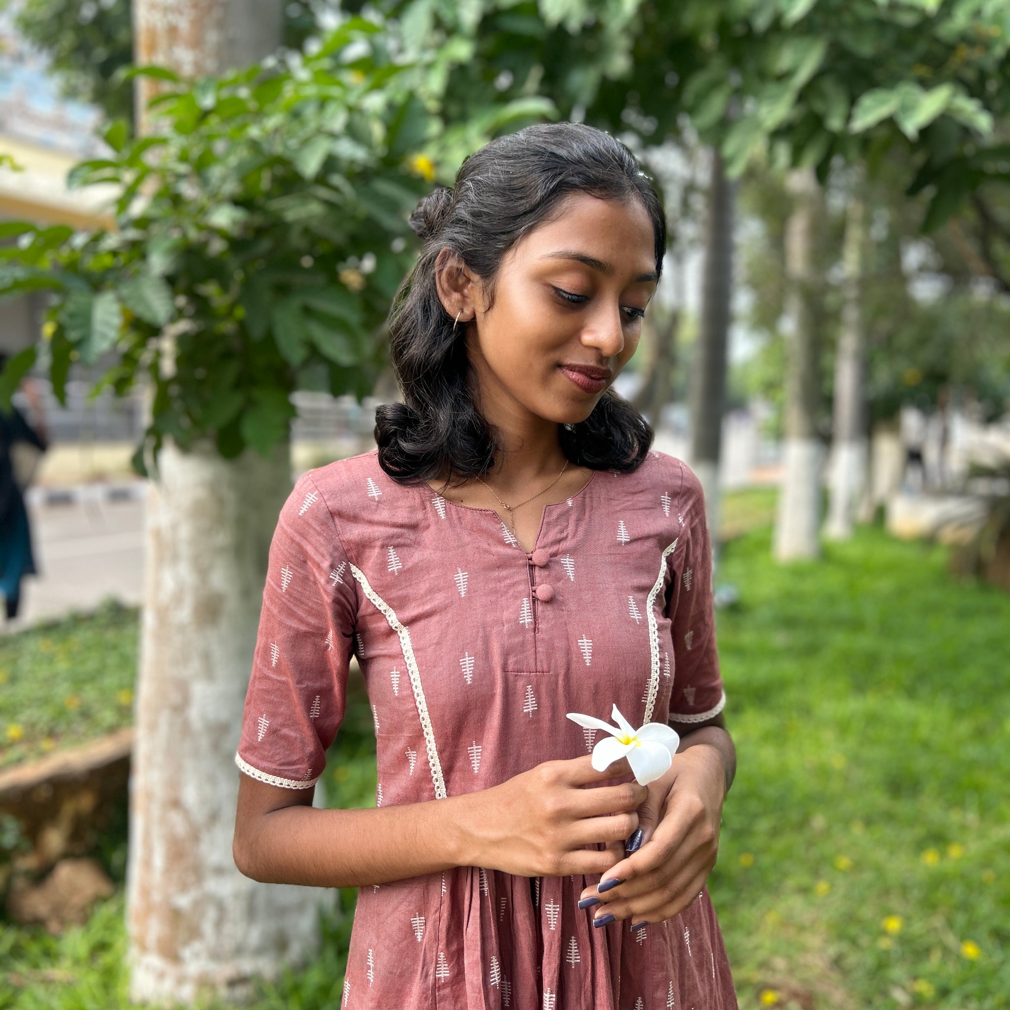 Handloom Diaries - Brown A-line dress with Lace Details