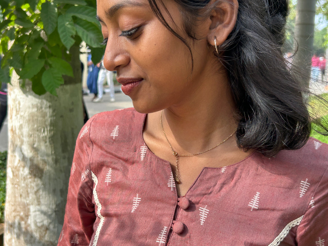 Handloom Diaries - Brown A-line dress with Lace Details