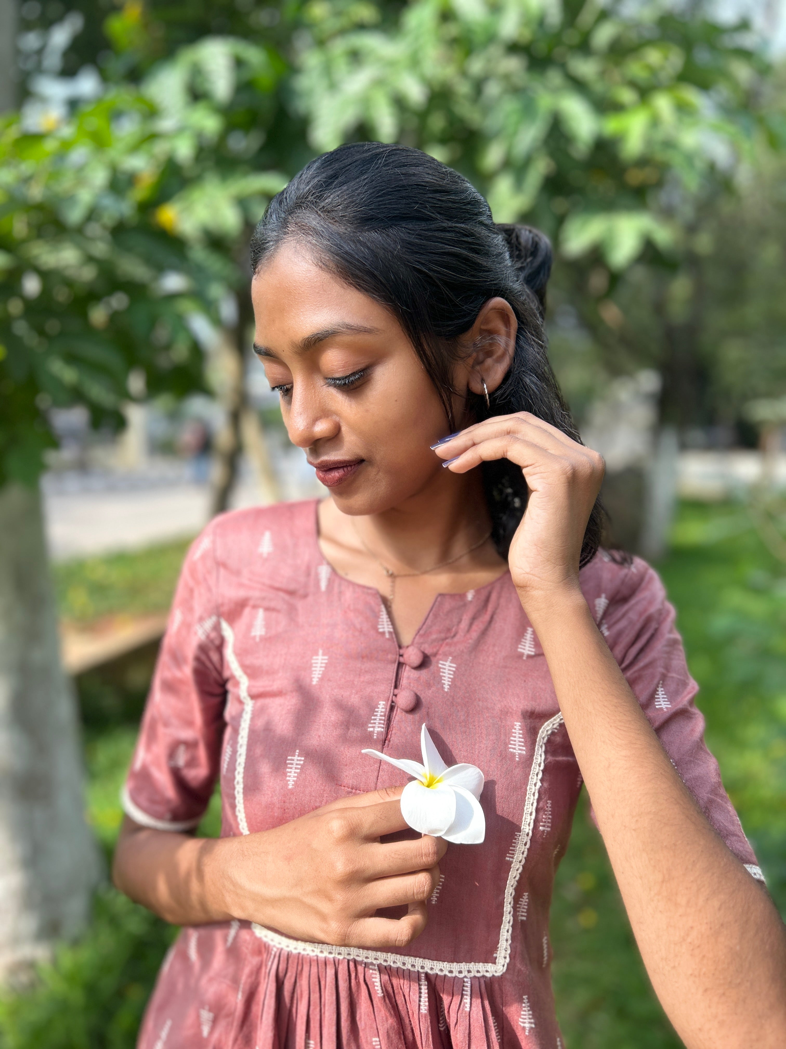 Handloom Diaries - Brown A-line dress with Lace Details
