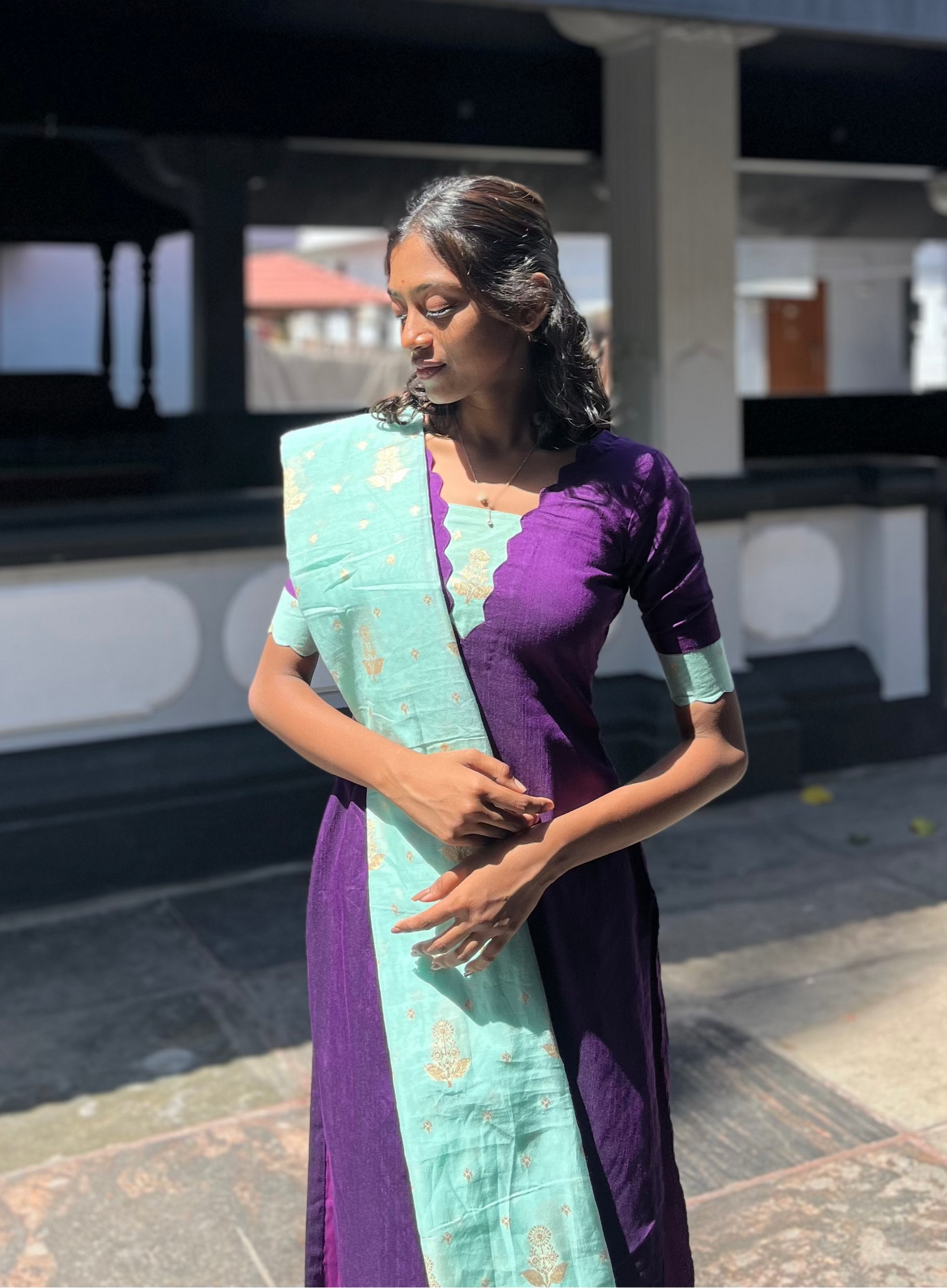Premium Raw Silk Violet Kurta with Turquoise Dupatta