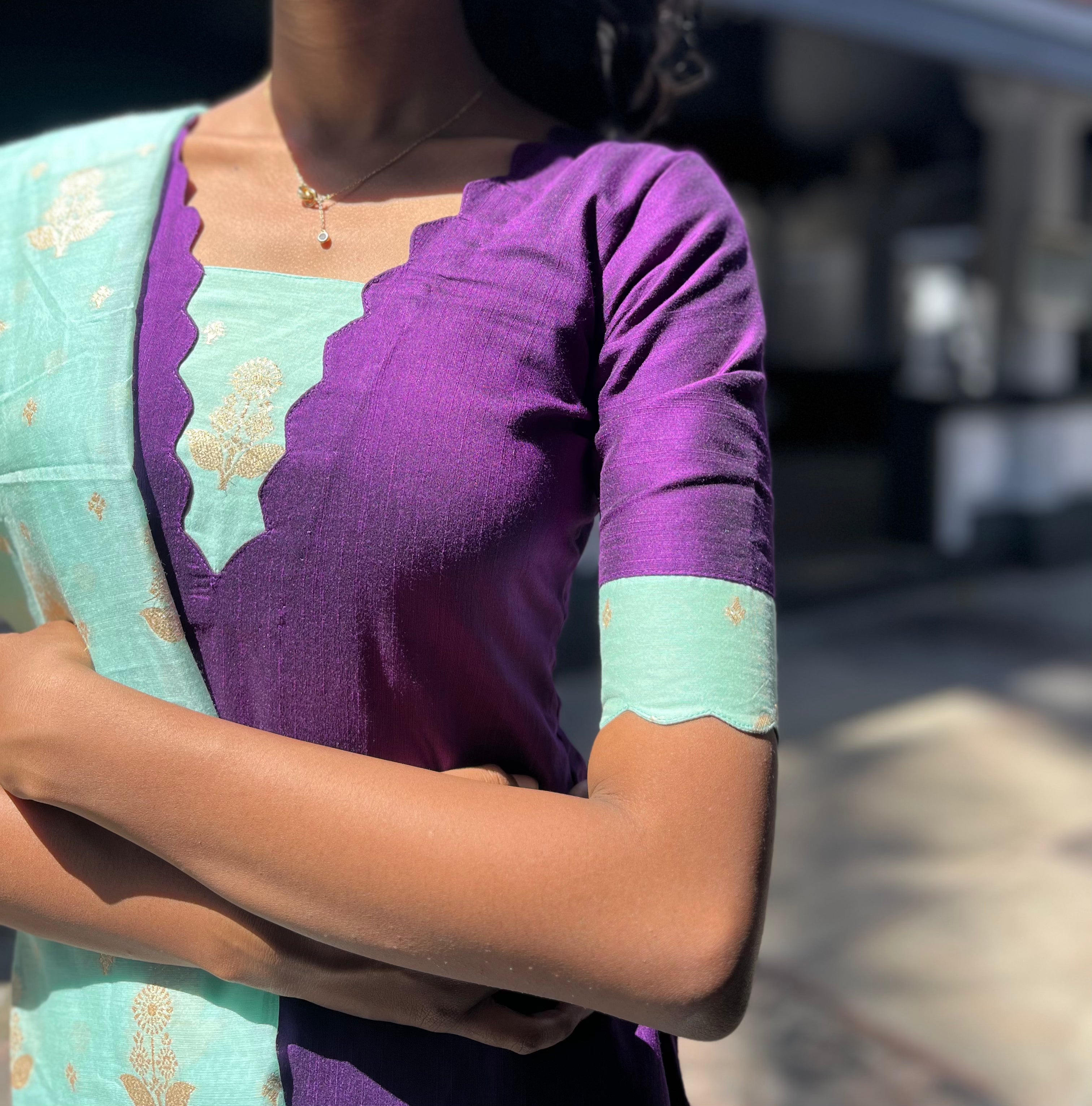 Premium Raw Silk Violet Kurta with Turquoise Dupatta