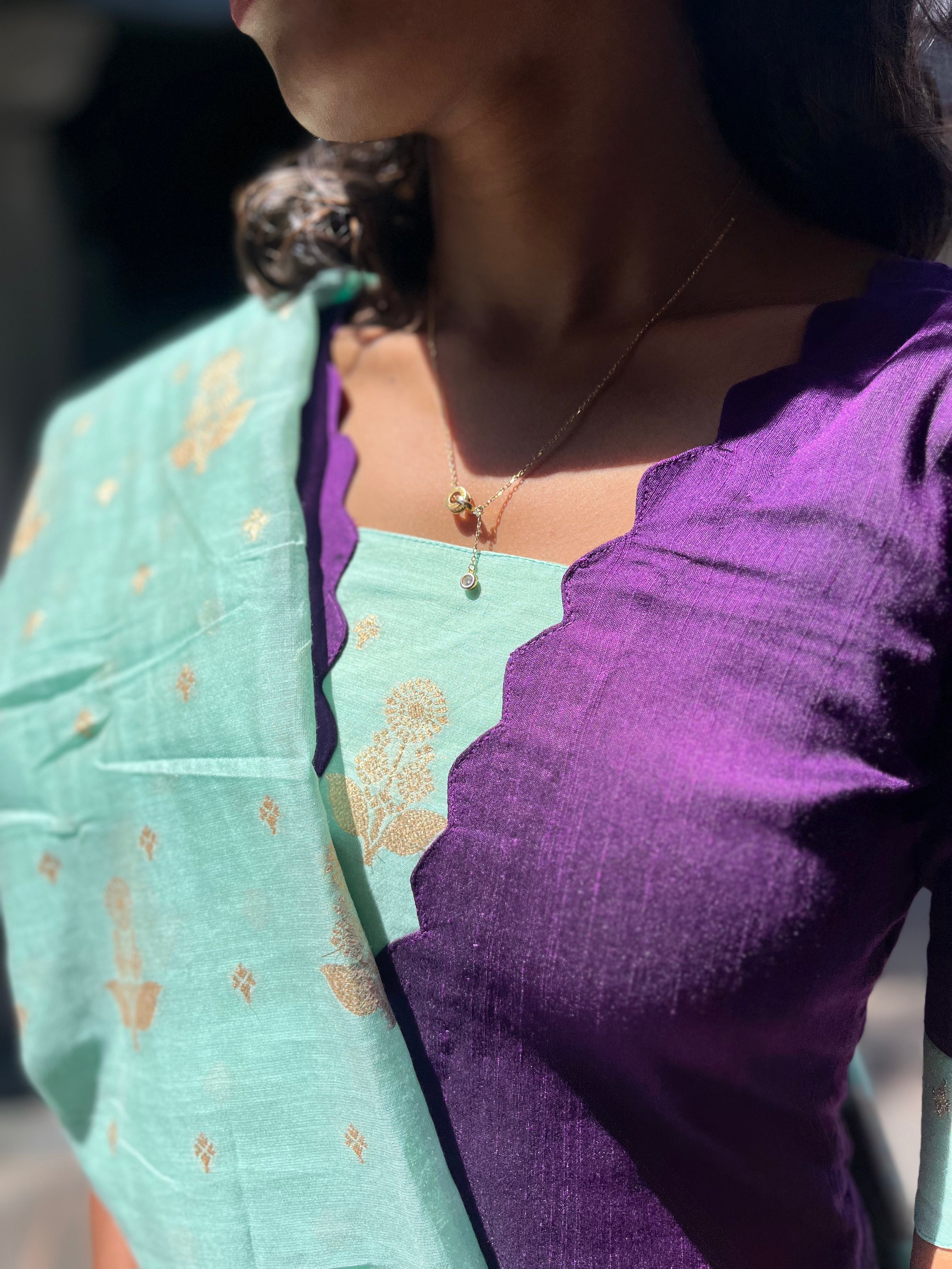 Premium Raw Silk Violet Kurta with Turquoise Dupatta