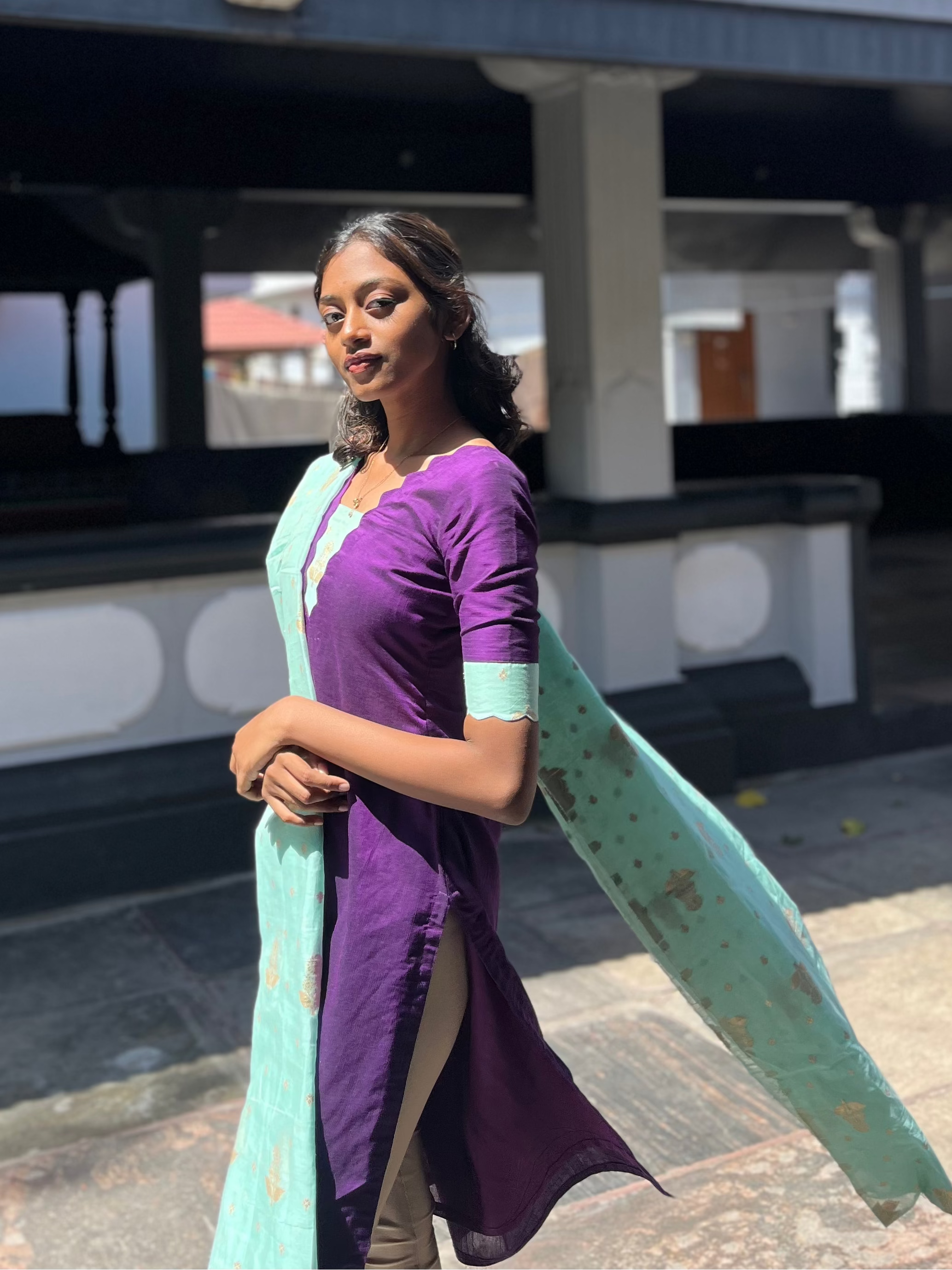 Premium Raw Silk Violet Kurta with Turquoise Dupatta