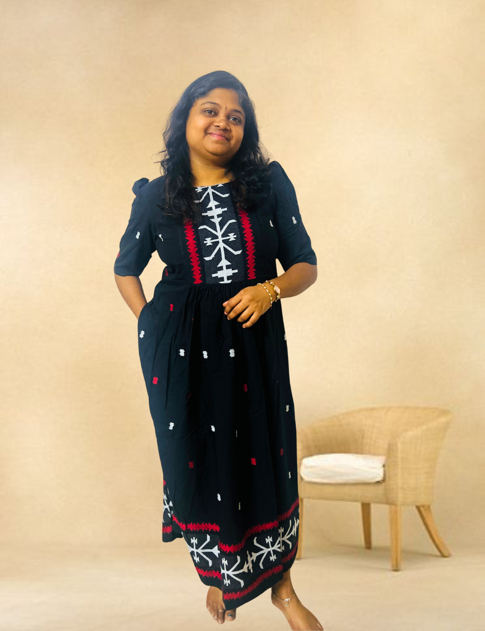 Black Jamdhani Cotton Fit n Flare Midi Dress